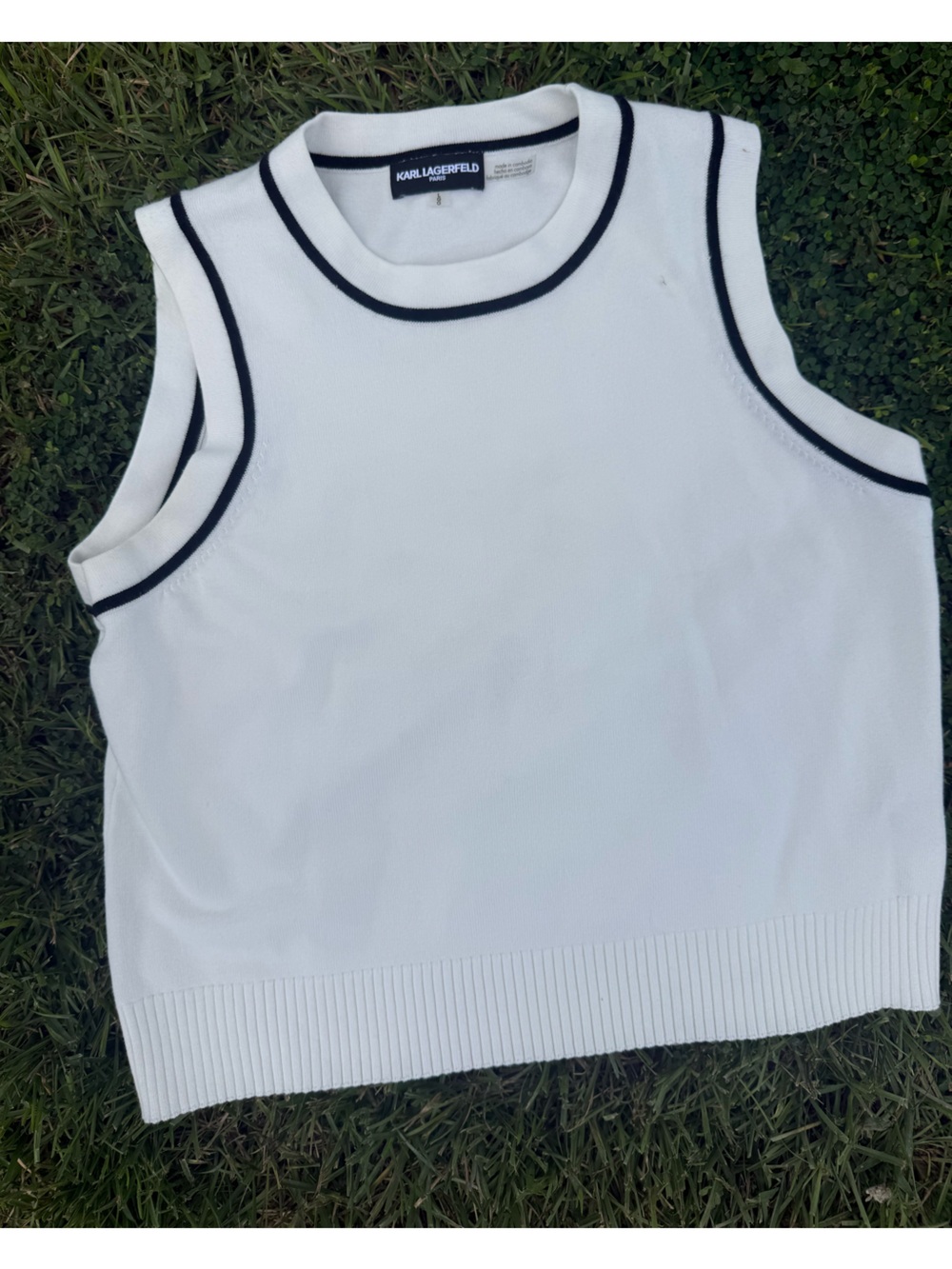 Karl Lagerfeld White Sweater Tank with Black Piping